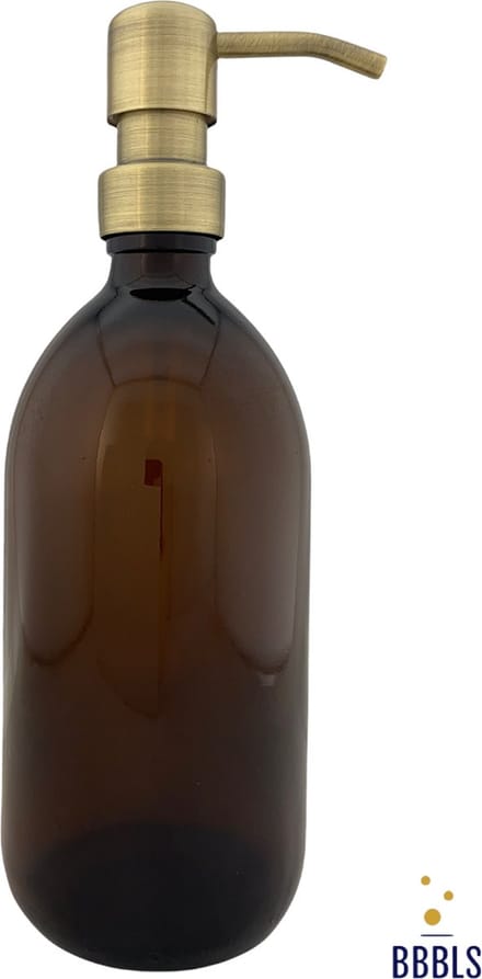 BBBLS® Design Dispenser "Blanco" | Bruin Glas | 500ml | RVS / Metaal Pomp Goud | Zeeppomp | Zeepdispenser | Zeephouder