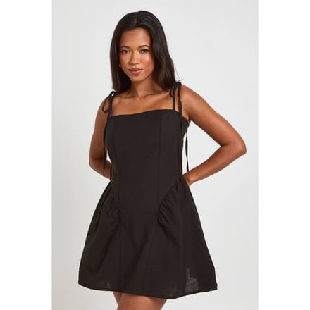 boohoo Dames Linnen Skater Jurk Met Strikbandjes | Zwart | Maat: 36