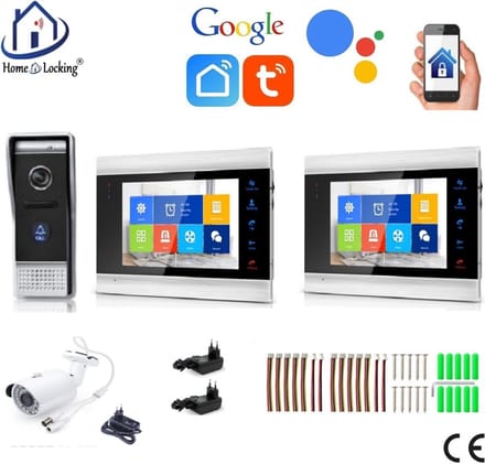 WIFI videofoon/intercom met 1 deurbel camera + 1 binnen paneel/scherm + camera en kan werken met spraak gestuurde apps.. T-2101-1-2-C.