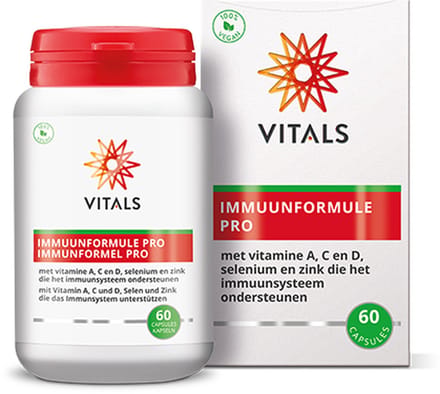 Vitals Immuunformule Pro - 60 capsules. Met vitamine A, C, D, selenium en zink die het immuunsysteem ondersteunen.