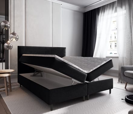 Boxspring met Opbergruimte Milou - 180x200 cm - Bonellvering - Stof Zwart - 2-Persoons
