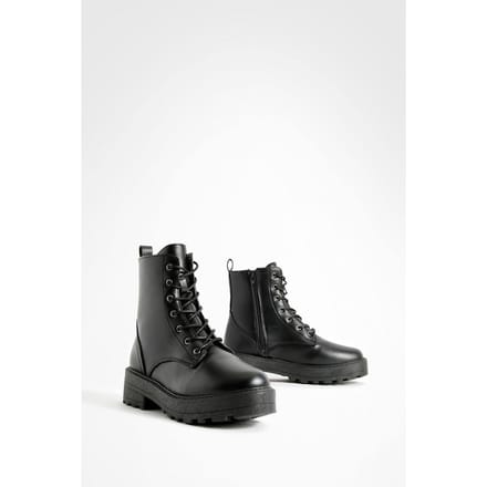 boohoo Dames Vetersluiting Chunky Hikerlaarzen | Zwart | Maat: 37