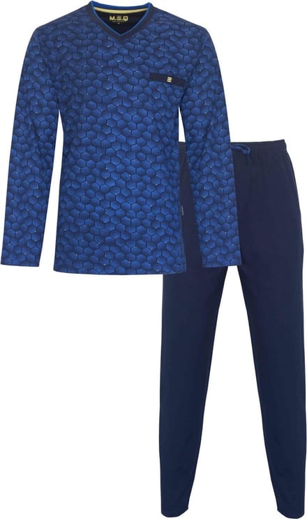 MEQ Heren Pyjama - 100% Gekamde Katoen - V Hals - Blauw - Maat M