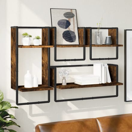 vidaXL - 4-delige - Wandschappenset - met - stangen - bewerkt - hout - gerookt - eiken