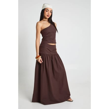 boohoo Dames Linnen Look One Shoulder Top & Maxi Rok | Chocoladebruin | Maat: 42