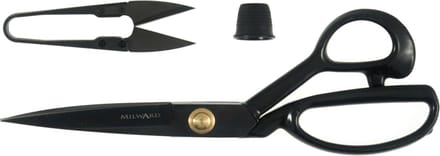 Scharen: Geschenkset: Kleermakersschaar (28cm), Draadschaar (10cm) en Vingerhoed: Zwart