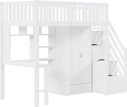 Stapelbed - 90 x 200 cm - Kledingkast Bureau Trap Met Lades Ruimtebesparend - Grenenhout MDF - Wit