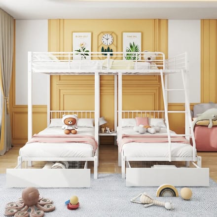 Stapelbed 140x200 / Stapelbed met opbergruimte / Kinderstapelbed – met Lades – Metaal – Wit – Kinderstapelbed met Lades – 3-Persoons