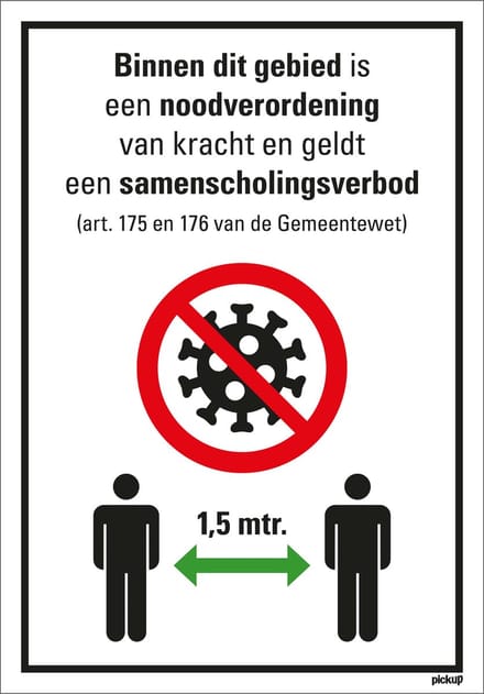 Bord noodverordening en samenscholingsverbod, 230 x 330 mm - kunststof