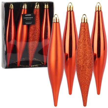 Kerstballen Set Onbreekbaar Rood Ijspegels 15 cm 4 stuks - Kerstdecoratie