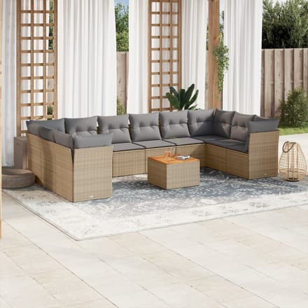 vidaXL - 11-delige - Tuinset - met - kussens - poly - rattan - beige