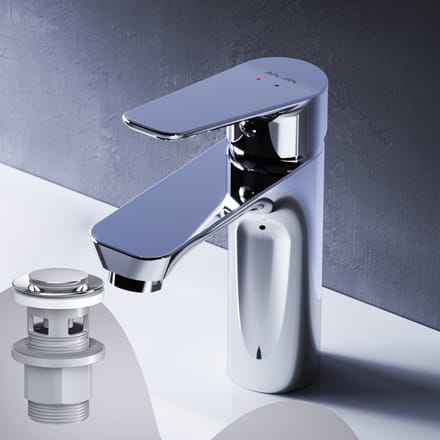 AM.PM Hit - Wastafelkraan met push-open waste set M-Size - Waterbesparend - Messing - Chroom