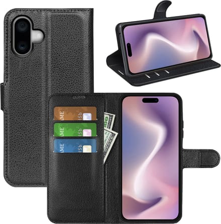 MobyDefend Hoesje - Geschikt voor iPhone 16 - Kunstleren Wallet Book Case (Sluiting Voorkant) - Zwart