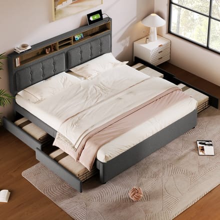 MODFU Ledikant 140x200 cm – Linnen met 4 lades & verstelbaar hoofdbord – Grijs