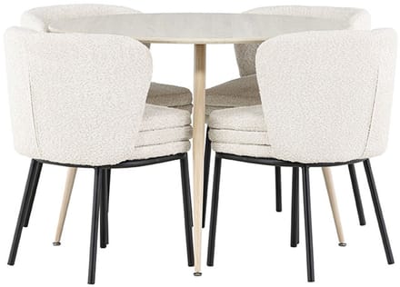 Plaza eethoek tafel Ø100cm en 4 bouclé stoelen whitewash.