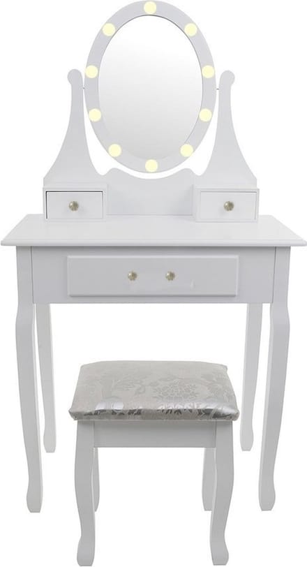 Kaptafel met Spiegel, LED Verlichting en Krukje - 80x40x137 cm - Wit