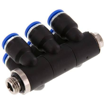 6mm x G1/8'' 6-way Manifold Messing/PA 66 Insteekfitting Buitendraad Draaibaar NBR