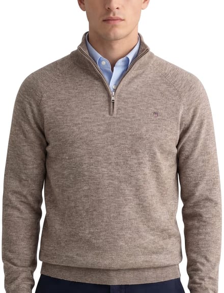 katoenen Gant trui half zip bruin gemeleerd