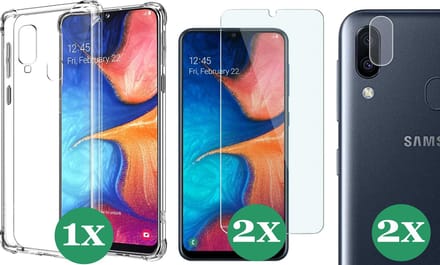 Hoesje geschikt voor Samsung Galaxy A20e - 2x Screenprotector Glas & 2x Camera Screen Protector - Transparant Shock Case