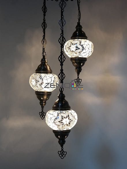 Turkse Lamp - Hanglamp Mozaïek - Kroonluchter Wit - 3 Bollen - Handgemaakt en Authentiek