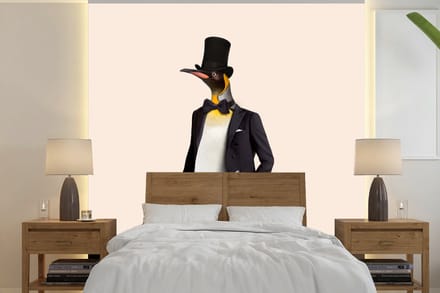 Behang - Fotobehang Pinguïn - Dier - Hoed - Colbert - Zwart - Breedte 280 cm x hoogte 280 cm