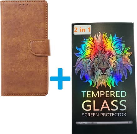 Portemonnee Bookcase Hoesje + 2 Pack Glas Geschikt voor: Samsung Galaxy A05 - Lichtbruin