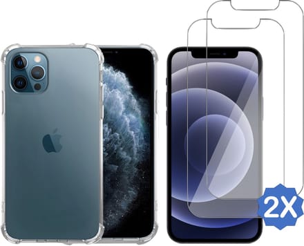 Geschikt voor iPhone 12 Pro Max - Hoesje + 2x Screenprotector – Gehard Glas Cover + Shock Proof Case – Transparant
