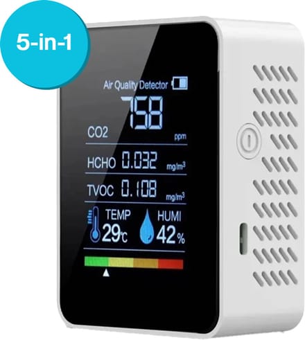 Co2 Meter 5-in-1 voor Binnen - Luchtkwaliteitsmeter - Draagbaar & Oplaadbaar - Temperatuur Meter - Wit