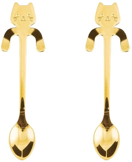 2x Theelepel / Koffielepel Hangende Kat - Goudkleurig - 2 Stuks