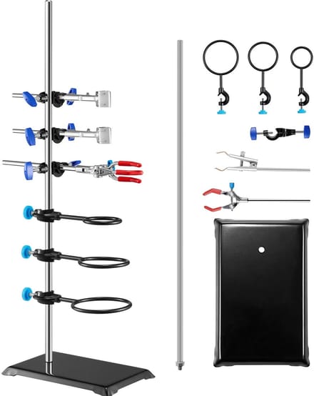 DIMICO - Laboratorium Set – RVS Retort Statief met Gietijzeren Basis, Verstelbare Klemmen en 3 Ringen – Lab Statief 60 cm