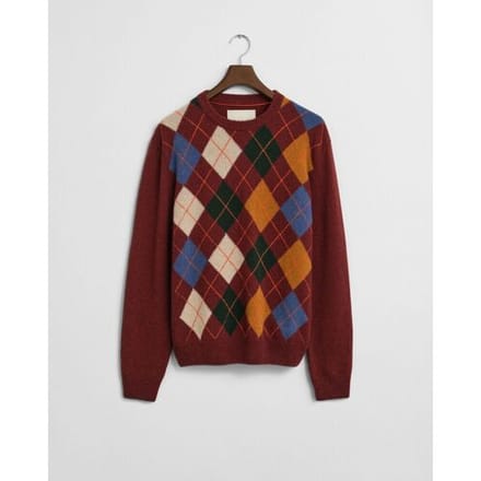 Gant Trui Italian Wool Blend Argyle Crew Neck Winter Wine / male
