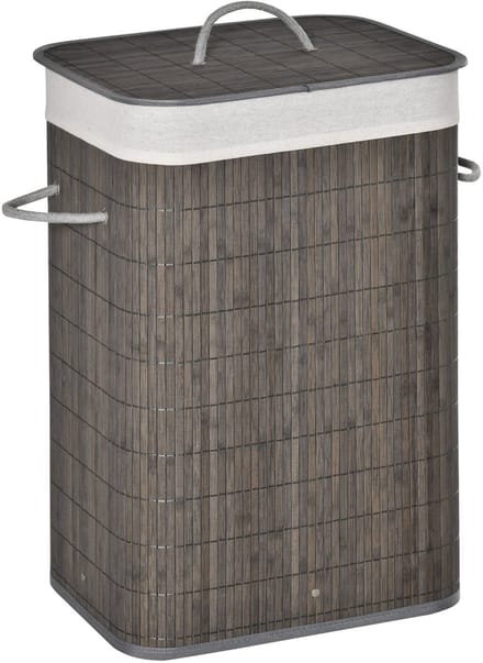 Waskorf - 83L - Smal met Deksel - Verwijderbare Waszak - Wasklasificator - Bambus - Grijs