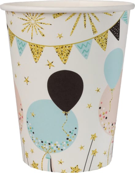 Santex feest wegwerp bekertjes - ballon - 10x stuks - 270 ml - karton - wit/goud