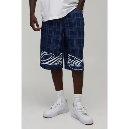 Longline Check Printed Denim Jorts | Indigo | Size 48