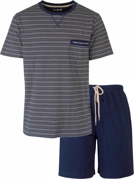 MEQ Heren Shortama - Gestreept Dessin - Ronde Hals - Blauw - Maat L