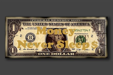 Money never sleeps limited edition schilderij op plexiglas 120x50cm