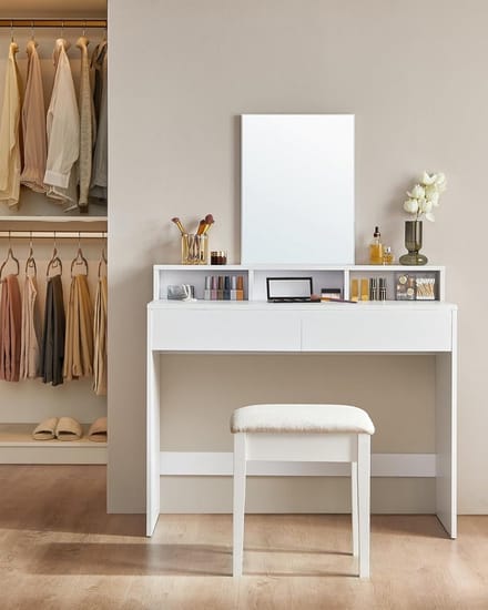 Makeup tafel, met grote spiegel, kaptafel, 2 laden, 3 open vakken, cosmeticatafel, modern, wit