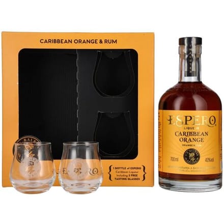 Ron Espero Caribbean Orange & Rum Liqueur 40% Vol. 0,7l in geschenkverpakking met 2 Bril