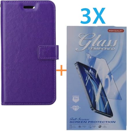 Bookcase Geschikt voor: Apple iPhone 16 Plus - Paars - portemonnee hoesje - + 3X Tempered Glass Screenprotector
