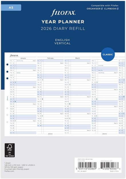 A5 Engelse Verticale Jaarplanner 2026 - Ideaal voor Organisatie