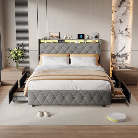 Bedframe met Lades 140x200 – LED & USB-C – Fluweel – Hoofdbord met Opbergplank– Grijs