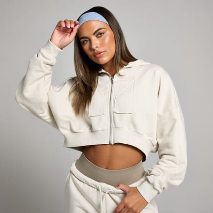 MP geropte hoodie met rits en opgestikt motief - Beenwit - XL