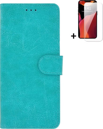 Geschikt voor iPhone 14 Plus Hoesje - Bookcase - iPhone 14 Plus Screenprotector - Pu Leder Wallet Book Case Turquoise Cover + Screenprotector