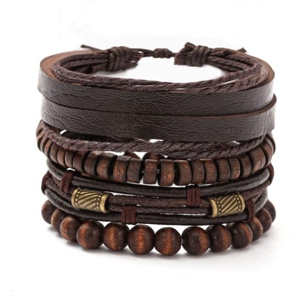 4PCS Mode Vintage Multicouche Perles en Bois Accessoires Tendance Bracelet pour Homme black