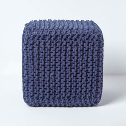 Grote Gebreide Kubus Poef - Marineblauw - 100% Katoen