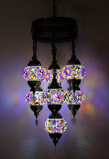 Turkse hanglamp - mozaïek glas multicolour - 7 bollen - hoogte 145 cm en breedte 45 cm