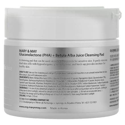 Mary & May, Gluconolactone (PHA) + Betula alba juice cleansing pad, 70 sheets, 270ml white