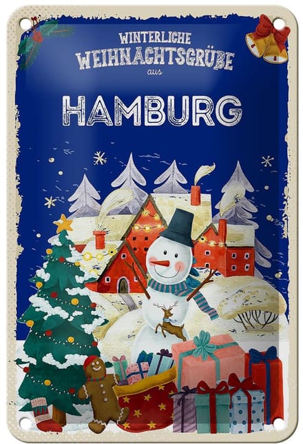 Blechschild Weihnachtsgrüße aus HAMBURG Geschenk Dekoration 12x18cm