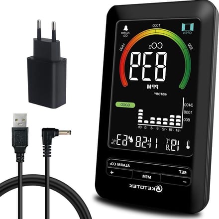 CO2 Meter - Luchtkwaliteit Sensor - Binnenklimaat Meten - 3-in-1 Detector - 400-5000PPM - Zwart