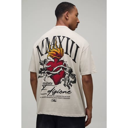 Steenkleurig Oversized T-shirt Met Tattoo Renaissance Print | Stone | Size Small